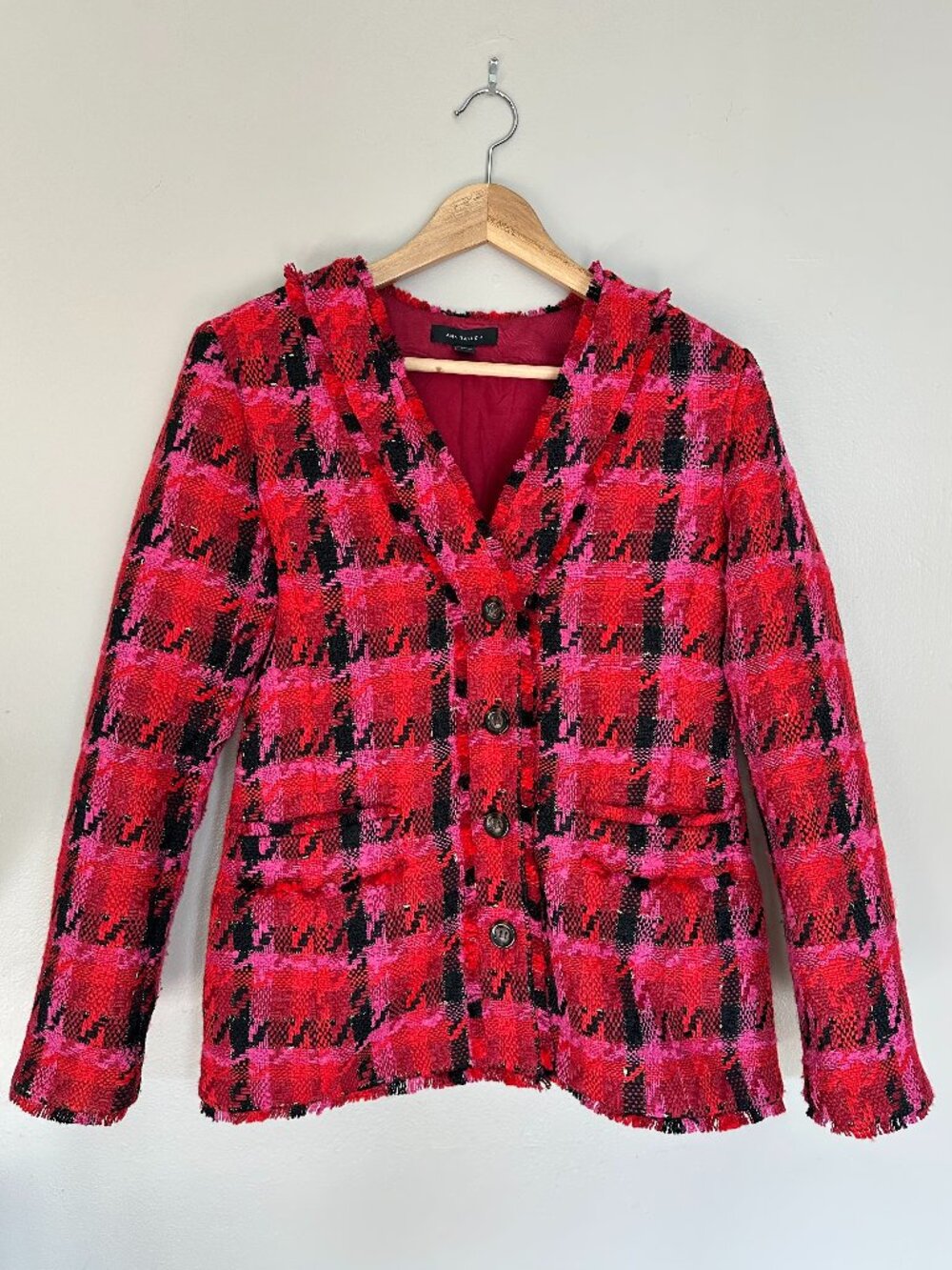 Ann Taylor Pink Multi Houndstooth Tweed Long Cardigan Jacket Size 2